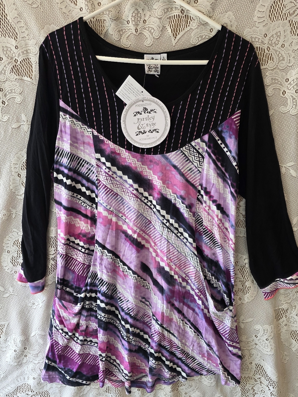 Parsley & Sage Black Sleeve Purple & Pink Patterned Long Sleeve Top